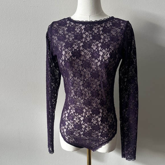 Dreamgirl Tops - Purple Sheer Floral Lace Long Sleeve Romantic Feminine Open Back Bodysuit M